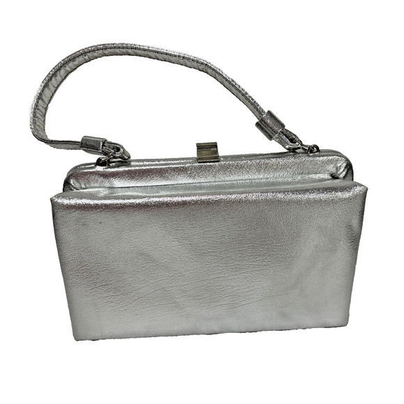 Vintage Silver Metallic Evening Bag Mid Century Top Handle Dressy Event Purse - Picture 1 of 10